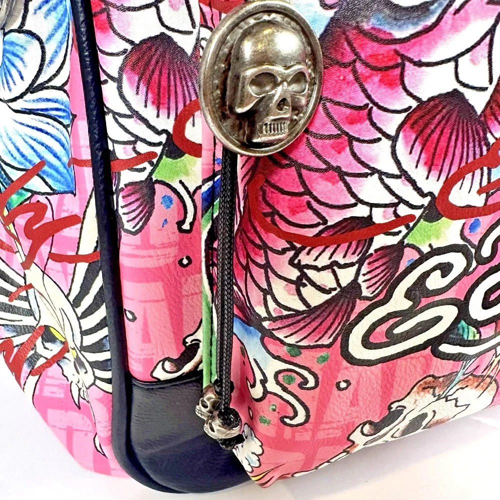 Ed Hardy Pink Multi Backpack Love Kills Slowly Skull Tattoo Rhinestone Y2K NWT
